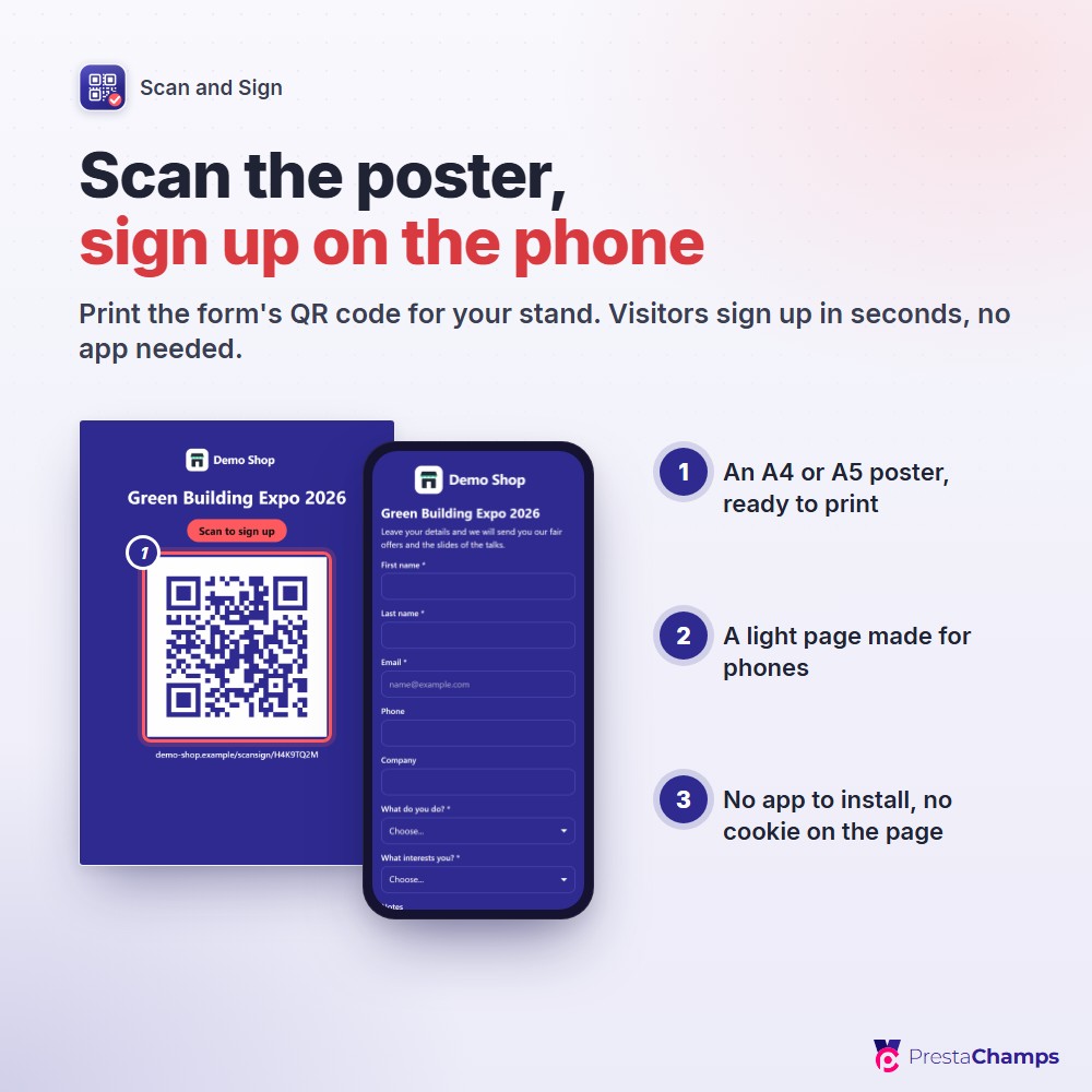 Scan the poster, sign up on the phone — no app, no cookie